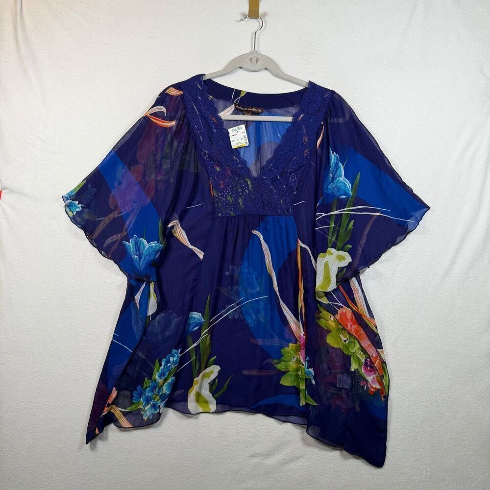 Mushka By Sienna Rose Sheer Floral Boho Top Womens Large Blue Lace V Neck NWT